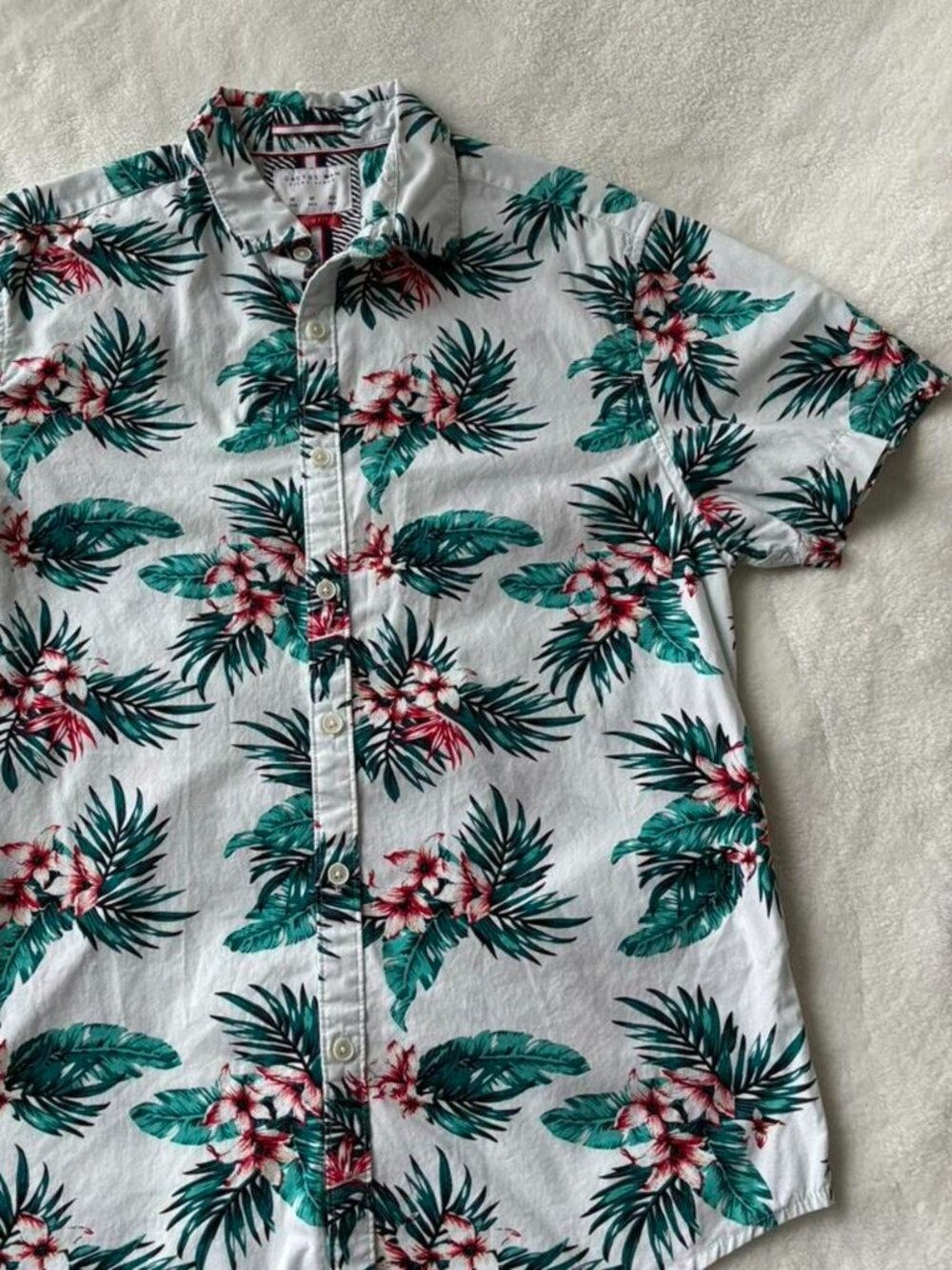 Cactus Man White Button-Up Shirt | Blue Fern & Red Hawaiian Floral Print | Men's